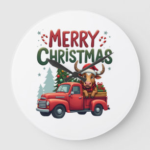 Merry Christmas Scottish Highland Cow Xmas Farm An Large Clock