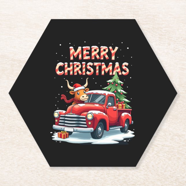 Merry Christmas Scottish Highland Cow Xmas Farm An Paper Coaster (Front)