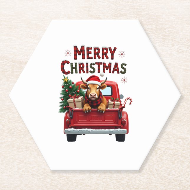 Merry Christmas Scottish Highland Cow Xmas Farm An Paper Coaster (Front)