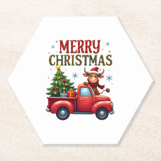 Merry Christmas Scottish Highland Cow Xmas Farm An Paper Coaster