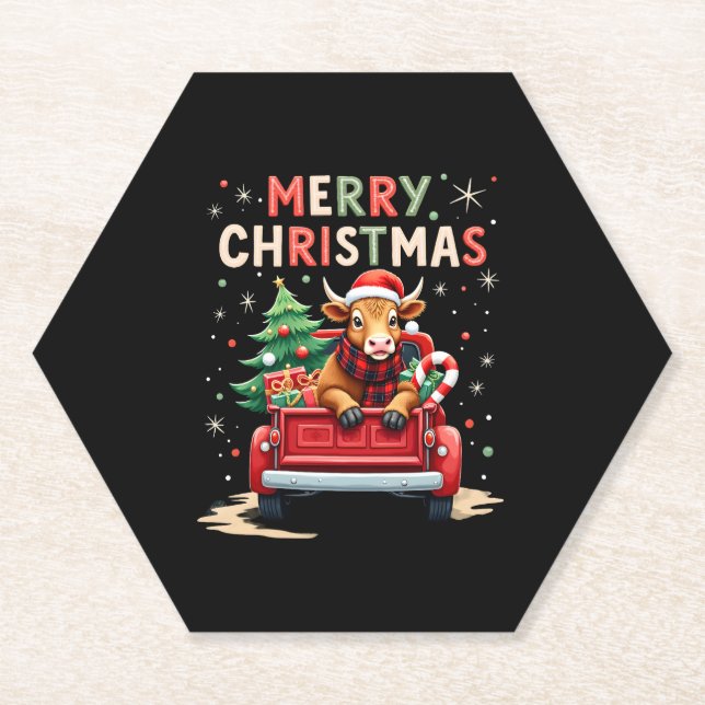 Merry Christmas Scottish Highland Cow Xmas Farm An Paper Coaster (Front)