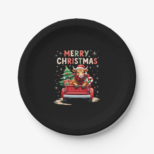 Merry Christmas Scottish Highland Cow Xmas Farm An Paper Plate (Front)