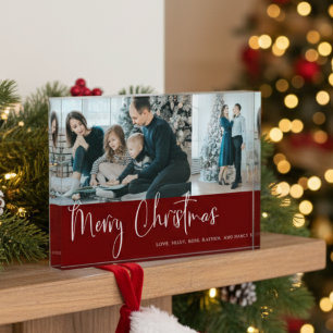 Merry Christmas Script 2 Photo Collage Holiday Red