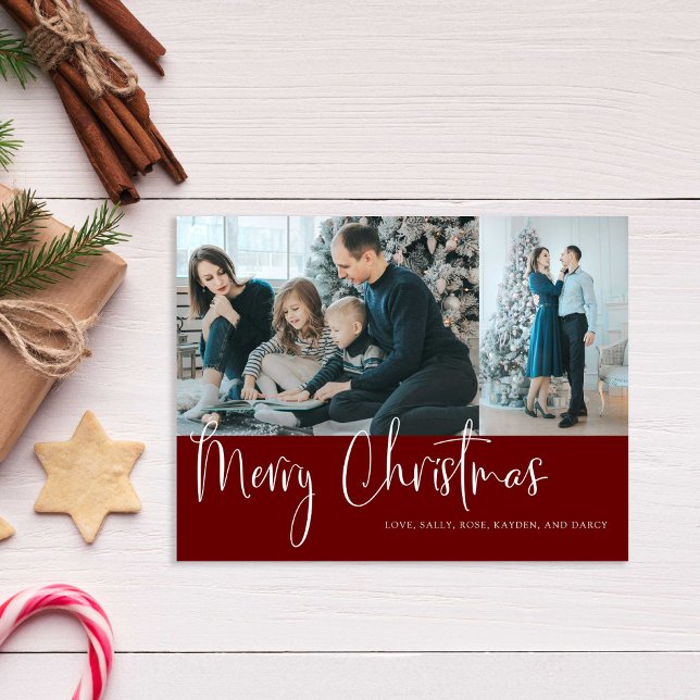 Merry Christmas Script 2 Photo Collage Holiday Red Postcard (Creator Uploaded)