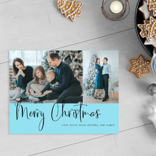 Merry Christmas Script 2 Photo Holiday Blue Postcard