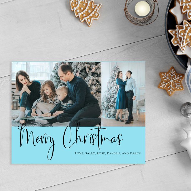 Merry Christmas Script 2 Photo Holiday Blue Postcard (Creator Uploaded)