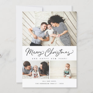 Merry Christmas Script 3 Collage Multi-Photo Holiday Card