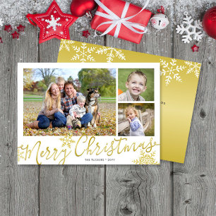 Merry Christmas Script 3-photo Snowflakes on Gold Holiday Card