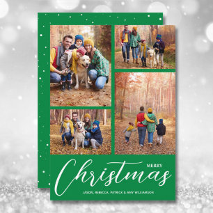 Merry Christmas Script 4 Collage Multi-Photo Green Holiday Card