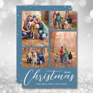 Merry Christmas Script 4 Photo Blue Holiday Card