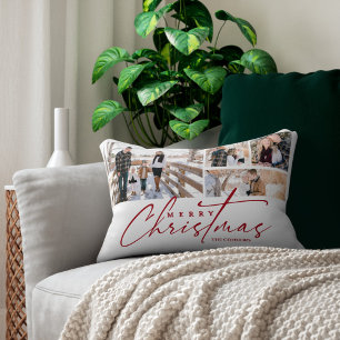 Merry Christmas Script 4 Photo Collage Custom Decorative Cushion