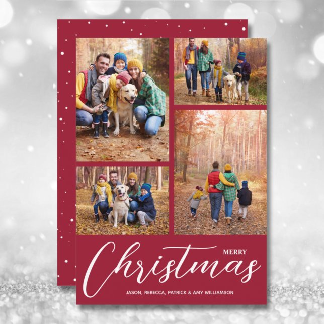 Merry Christmas Script 4 Photo Crimson Holiday Card (Creator Uploaded)