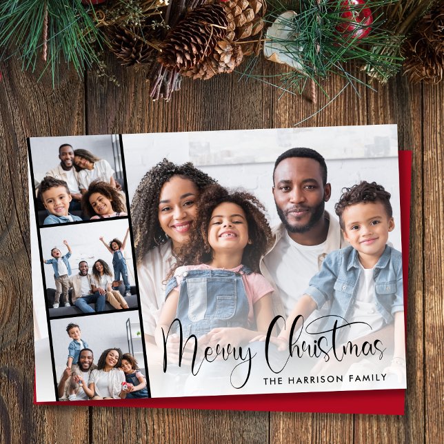 Merry Christmas Script 4 Photo Holiday Card (This holiday season, let your family's smiles and heartwarming memories shine on our 4 photo card)