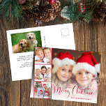Merry Christmas Script 5 Photo Holiday Postcard<br><div class="desc">Modern holiday postcard card featuring your photo overlayed with a film-like strip of three square photos,  "Merry Christmas" in a festive script and your name in simple typography. Add another photo and your customised seasonal message on the back.</div>