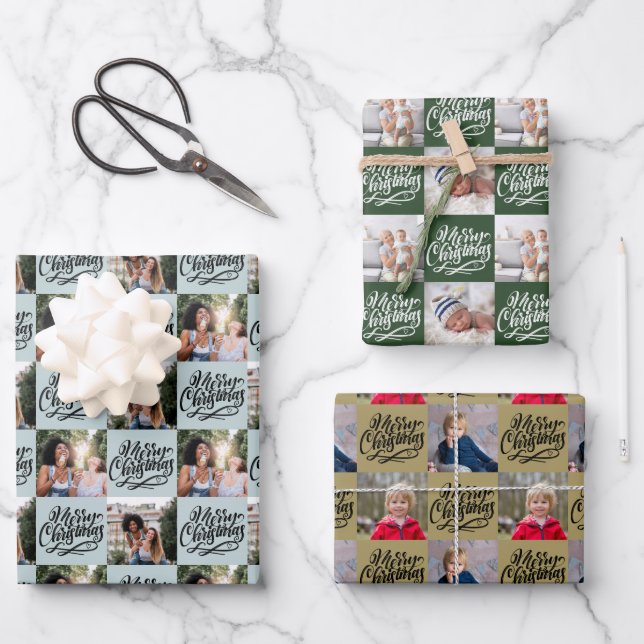 Merry Christmas Script 6 Photo Chequerboard Wrapping Paper Sheet (Front)