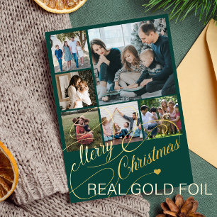 Merry Christmas script 6 photo collage family Foil Holiday Card