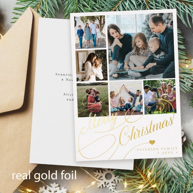 Merry Christmas script 6 photo collage family Foil Holiday Card (You can choose the foil color: GOLD, ROSE GOLD or SILVER)