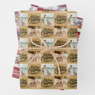 Merry Christmas Script 6 Photo Gold Red Pink Wrapping Paper Sheet