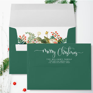 Merry Christmas Script and Greenery, Holiday Envelope