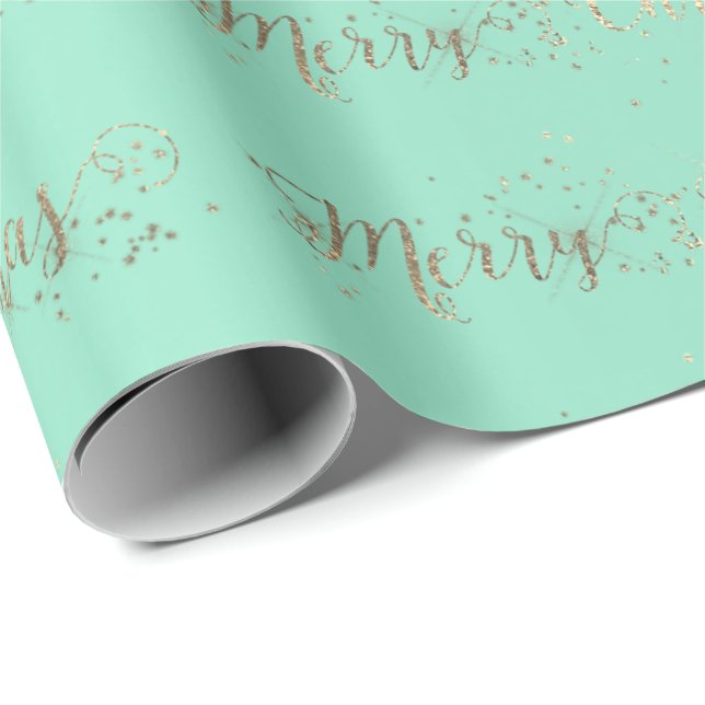Merry Christmas Script Aqua Tiffany Mint Faux Gold Wrapping Paper (Roll Corner)