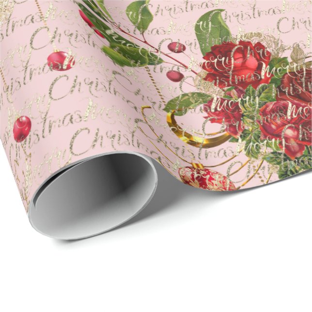 Merry Christmas Script Bauble Gold Pink Roses Wrapping Paper (Roll Corner)