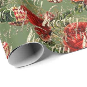 Merry Christmas Script  Bauble Gold Red Mint Wrapping Paper