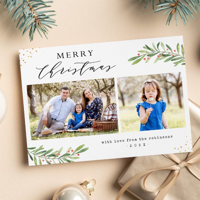 Merry Christmas Script Berries Foliage 2 Photos Holiday Card (Creator Uploaded)
