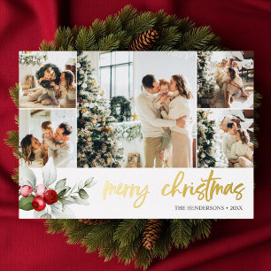 Merry Christmas Script Berry Leaves Photo Collage Foil Holiday Card