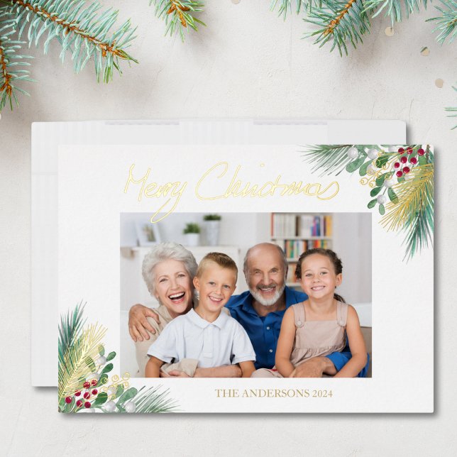 Merry Christmas Script Berry Leaves Photo Foil Holiday Card (Creator Uploaded)