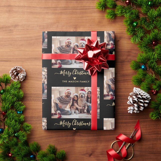 Merry Christmas Script Black Gold Photo Collage  Wrapping Paper (Holiday Gift)