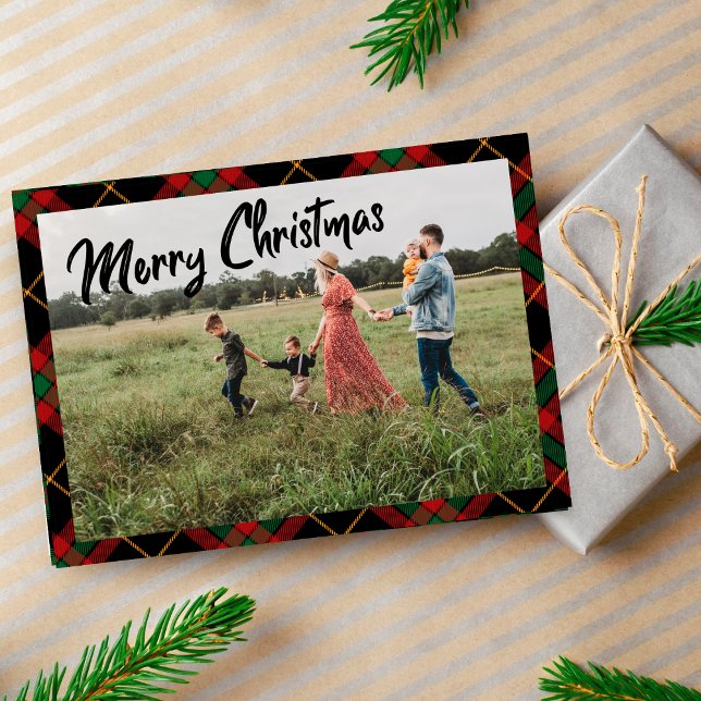 Merry Christmas Script Black Plaid Photo Holiday  Card (Creator Uploaded)