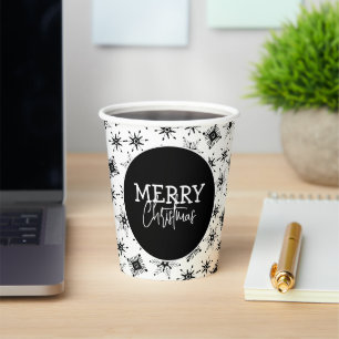 Merry Christmas Script Black Snowflakes Paper Cups