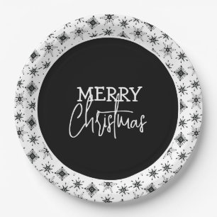 Merry Christmas Script Black Snowflakes    Paper Plate