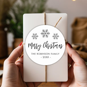 Merry Christmas Script Black White Snowflake Classic Round Sticker