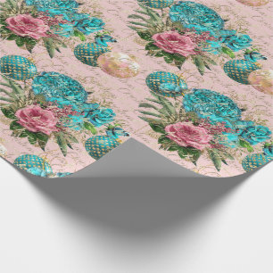 Merry Christmas Script Blue Ocean Gold Pink Roses Wrapping Paper