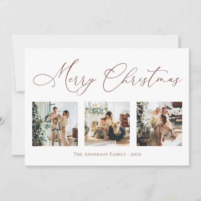 Merry Christmas Script Brown Multi Photo Collage Holiday Card (Front)