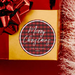 Merry Christmas Script Calligraphy Plaid Classic Round Sticker<br><div class="desc">Merry Christmas Script Calligraphy Plaid Sticker</div>