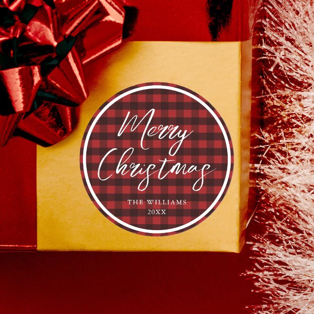 Merry Christmas Script Calligraphy Plaid Classic Round Sticker (Creator Uploaded)