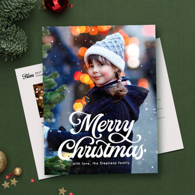 Merry Christmas script classic two photo Holiday Postcard (Creator Uploaded)
