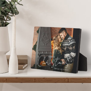 Merry Christmas Script Couple Photo Keepsake Plaque