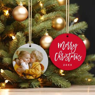 Merry Christmas Script Custom Colour Photo Ceramic Tree Decoration