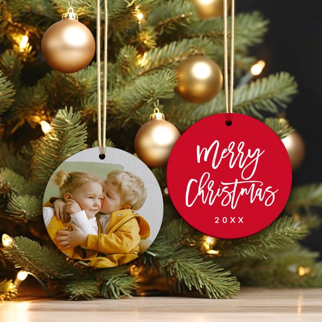 Merry Christmas Script Custom Colour Photo Ceramic Tree Decoration (Creator Uploaded)