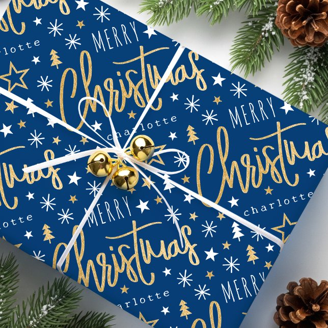 Merry Christmas Script Custom Name Blue Faux Gold Wrapping Paper (Creator Uploaded)