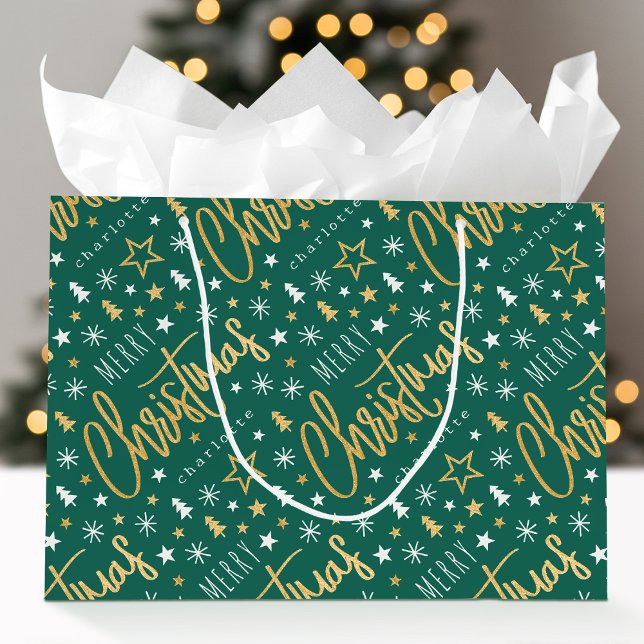 Merry Christmas Script Custom Name Green Faux Gold Large Gift Bag (Creator Uploaded)