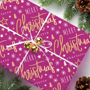 Merry Christmas Script Custom Name Pink Faux Gold Wrapping Paper