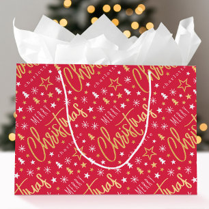 Merry Christmas Script Custom Name Red Faux Gold Large Gift Bag