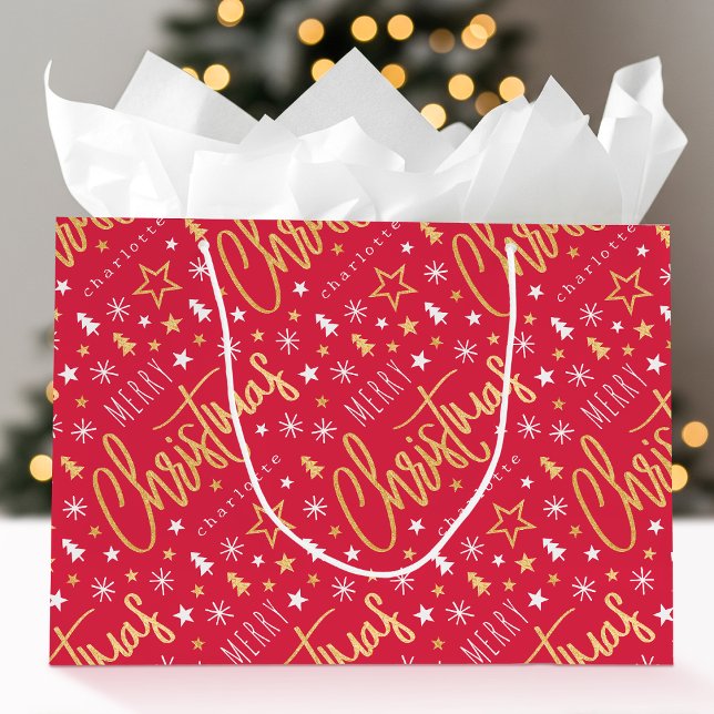 Merry Christmas Script Custom Name Red Faux Gold Large Gift Bag (Creator Uploaded)