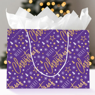 Merry Christmas Script Custom Purple Faux Gold Large Gift Bag