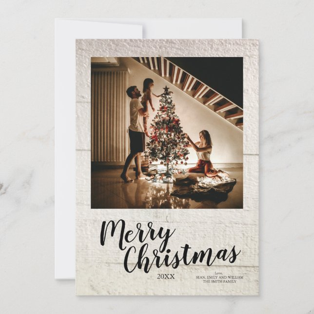 Merry Christmas Script Custom White Wood Holiday Card (Front)