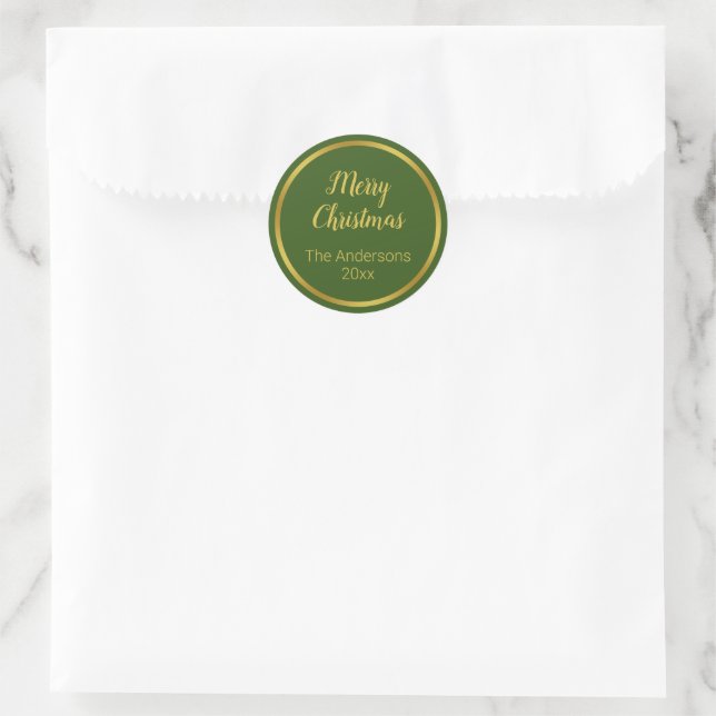 Merry Christmas Script Dark Green & Gold Name Year Classic Round Sticker (Bag)